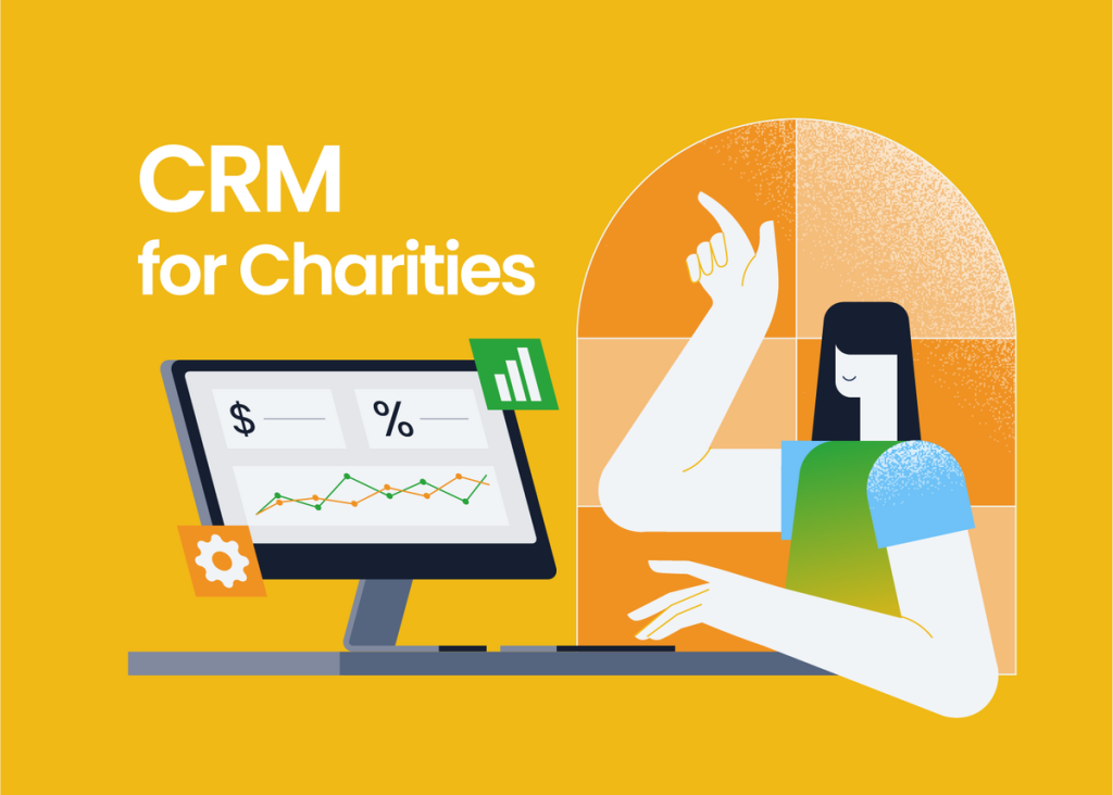 crm for charities text with a woman pointing to a computer