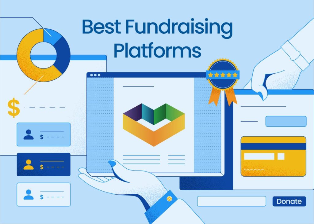 a hand holding a tablet with the words best fundraiser platforms