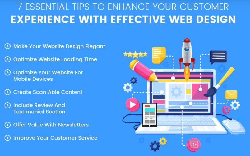 a laptop with the words 7 essential tips to enhance your customer experience with effective web